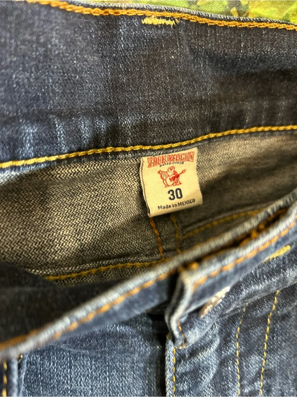 True Religion Indigo Blue Straight Jeans with Yellow Stitching